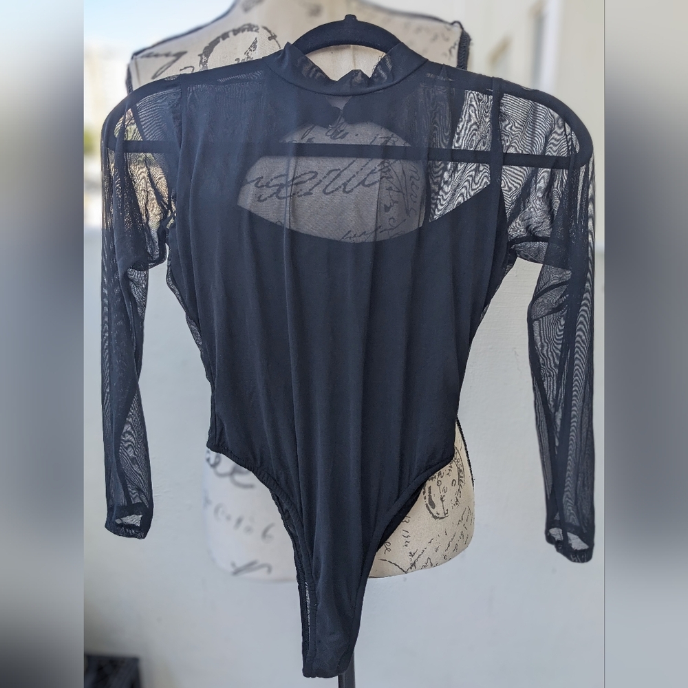VINTAGE Black Sheer Long Sleeve Bodysuit Size Medium